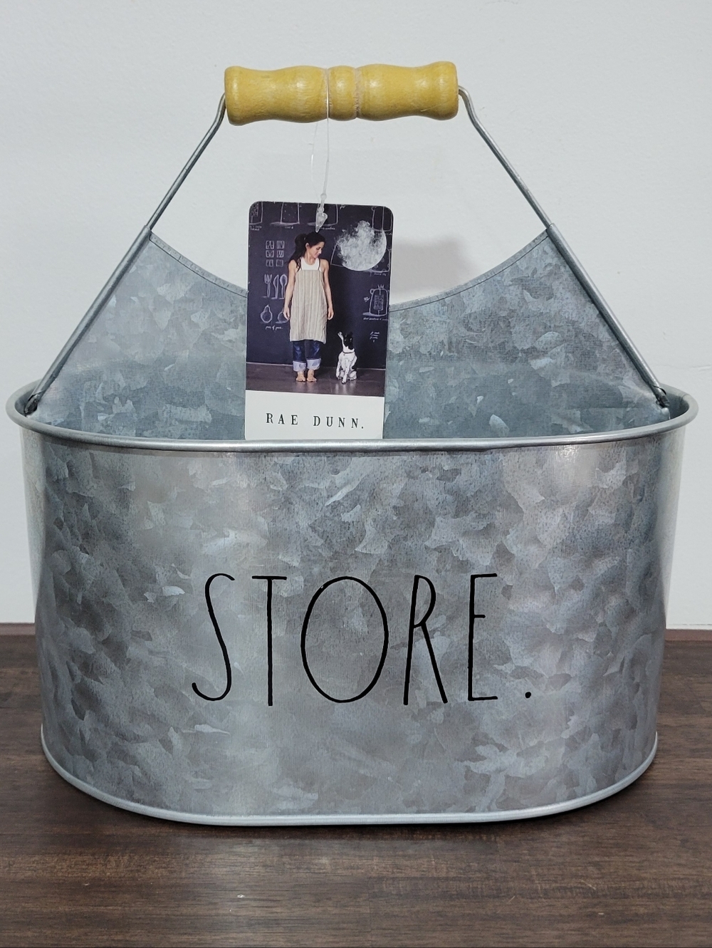 Rae Dunn Gray Galvanized Metal Caddy with Wood Handle